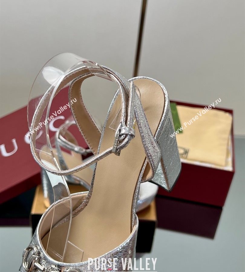 Gucci Platform Sandals 11.5cm in Silver Metallic Leather with Strass Horsebit 2025 836044 (MD-250711137)