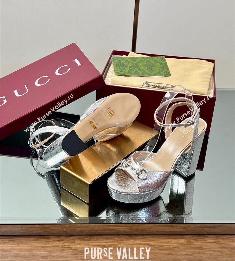 Gucci Platform Sandals 11.5cm in Silver Metallic Leather with Strass Horsebit 2025 836044 (MD-250711137)