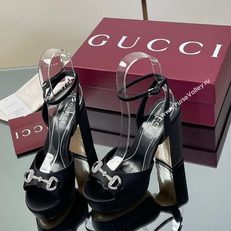 Gucci Satin Platform Sandals 11.5cm with Strass Horsebit Black 2025 836044 (MD-250711138)