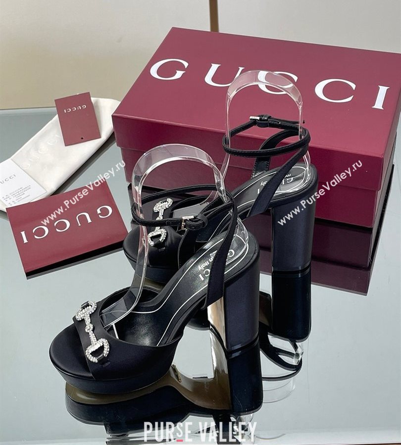 Gucci Satin Platform Sandals 11.5cm with Strass Horsebit Black 2025 836044 (MD-250711138)