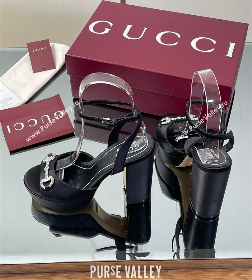 Gucci Satin Platform Sandals 11.5cm with Strass Horsebit Black 2025 836044 (MD-250711138)