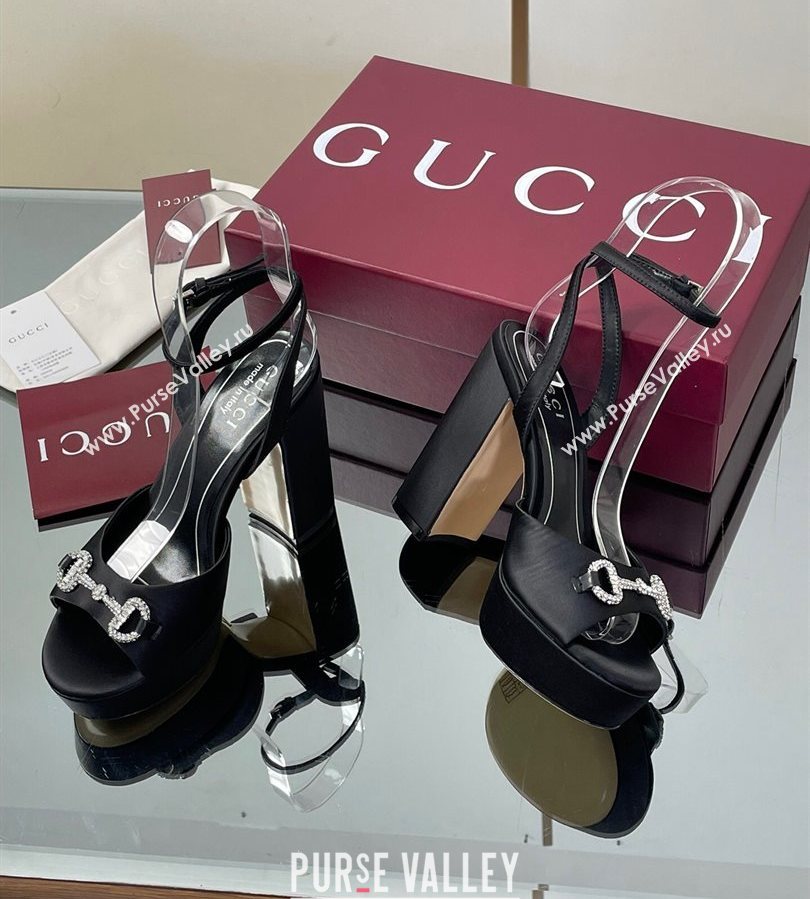 Gucci Satin Platform Sandals 11.5cm with Strass Horsebit Black 2025 836044 (MD-250711138)