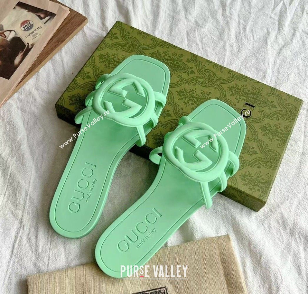 Gucci Interlocking G Flat Slides Sandal in Matte PVC Light Green 2025 780307 (GDX-250711118)