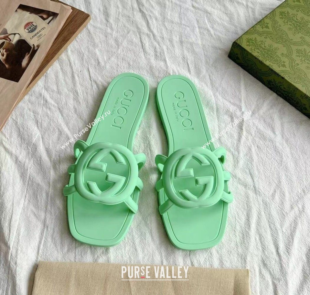 Gucci Interlocking G Flat Slides Sandal in Matte PVC Light Green 2025 780307 (GDX-250711118)