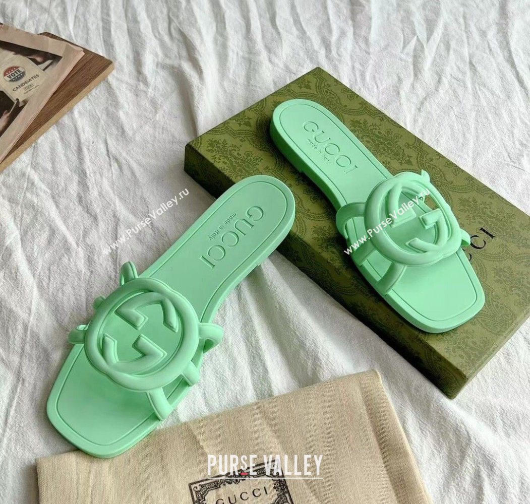 Gucci Interlocking G Flat Slides Sandal in Matte PVC Light Green 2025 780307 (GDX-250711118)