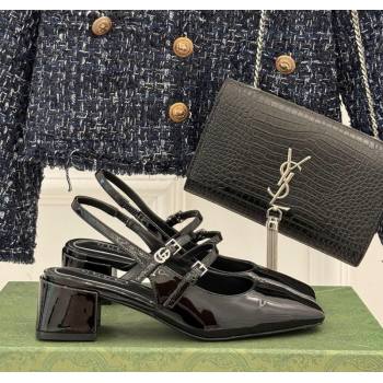 Gucci Patent Leather Slingback Pump 4.5cm with Strass GG Buckle Strap Black 2025 (MD-250712013)