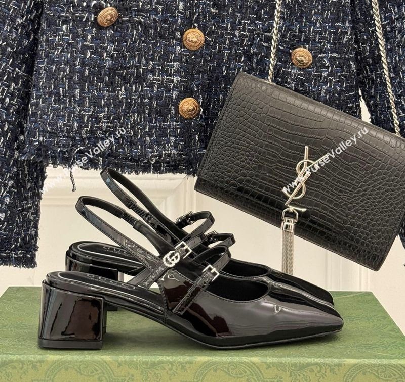 Gucci Patent Leather Slingback Pump 4.5cm with Strass GG Buckle Strap Black 2025 (MD-250712013)
