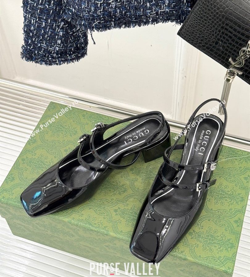 Gucci Patent Leather Slingback Pump 4.5cm with Strass GG Buckle Strap Black 2025 (MD-250712013)