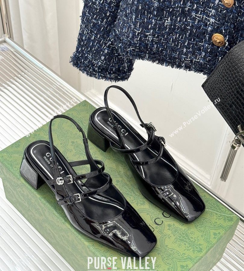 Gucci Patent Leather Slingback Pump 4.5cm with Strass GG Buckle Strap Black 2025 (MD-250712013)