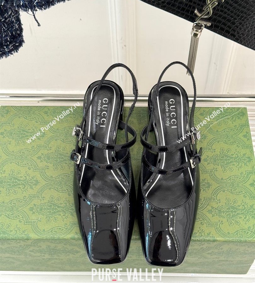Gucci Patent Leather Slingback Pump 4.5cm with Strass GG Buckle Strap Black 2025 (MD-250712013)