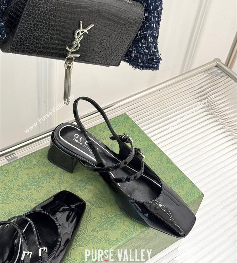 Gucci Patent Leather Slingback Pump 4.5cm with Strass GG Buckle Strap Black 2025 (MD-250712013)