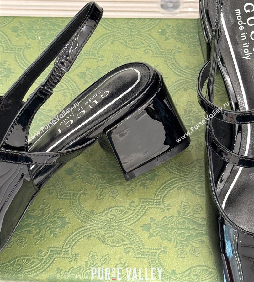 Gucci Patent Leather Slingback Pump 4.5cm with Strass GG Buckle Strap Black 2025 (MD-250712013)