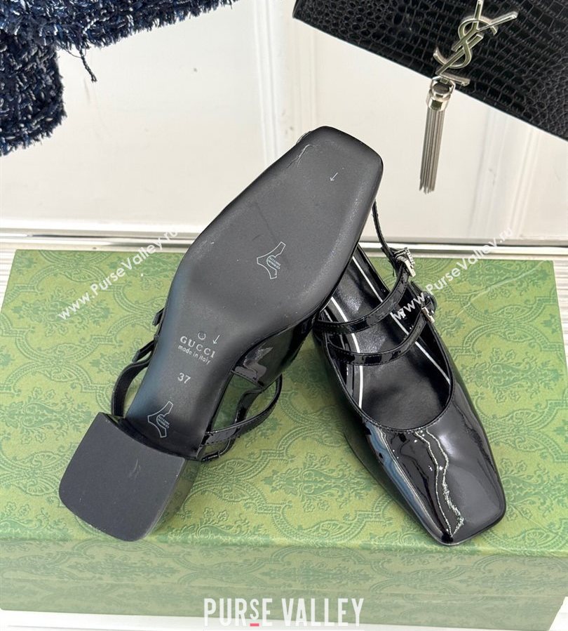 Gucci Patent Leather Slingback Pump 4.5cm with Strass GG Buckle Strap Black 2025 (MD-250712013)