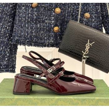 Gucci Patent Leather Slingback Pump 4.5cm with Strass GG Buckle Strap Dark Burgundy 2025 (MD-250712014)