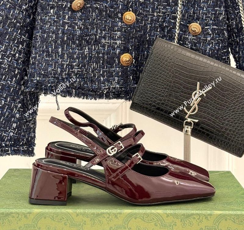 Gucci Patent Leather Slingback Pump 4.5cm with Strass GG Buckle Strap Dark Burgundy 2025 (MD-250712014)