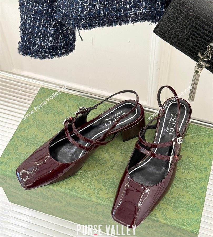 Gucci Patent Leather Slingback Pump 4.5cm with Strass GG Buckle Strap Dark Burgundy 2025 (MD-250712014)