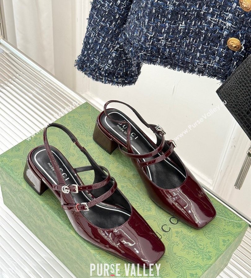 Gucci Patent Leather Slingback Pump 4.5cm with Strass GG Buckle Strap Dark Burgundy 2025 (MD-250712014)