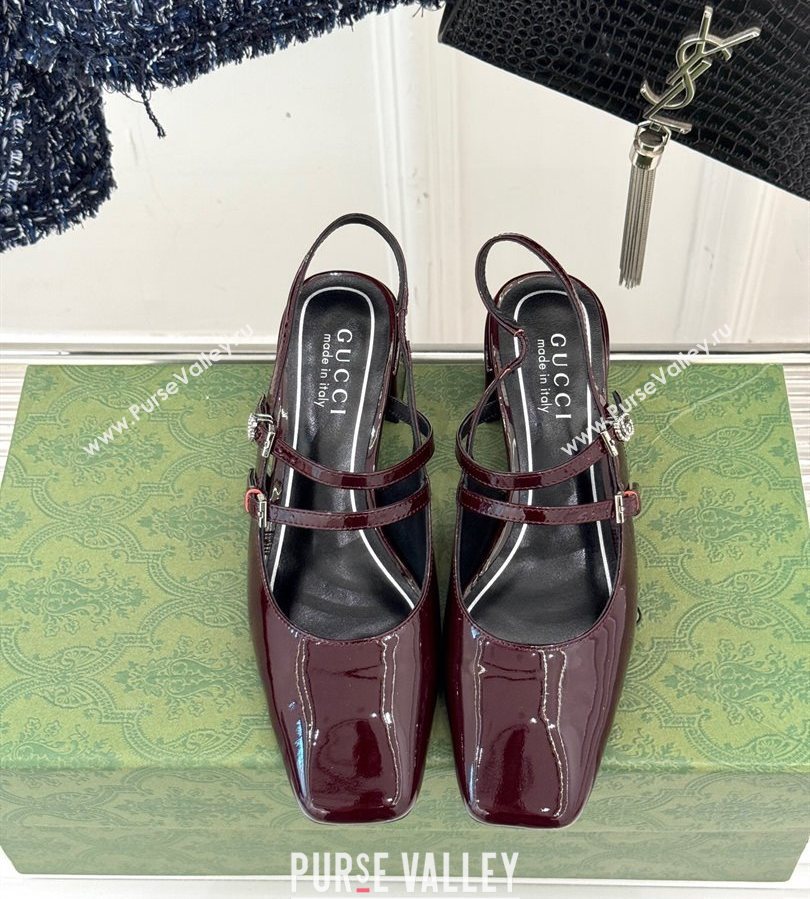 Gucci Patent Leather Slingback Pump 4.5cm with Strass GG Buckle Strap Dark Burgundy 2025 (MD-250712014)