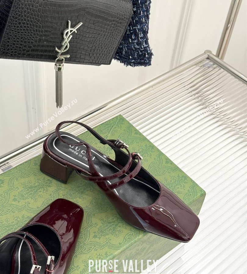 Gucci Patent Leather Slingback Pump 4.5cm with Strass GG Buckle Strap Dark Burgundy 2025 (MD-250712014)