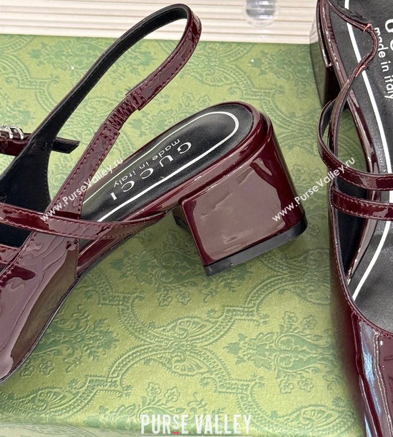 Gucci Patent Leather Slingback Pump 4.5cm with Strass GG Buckle Strap Dark Burgundy 2025 (MD-250712014)