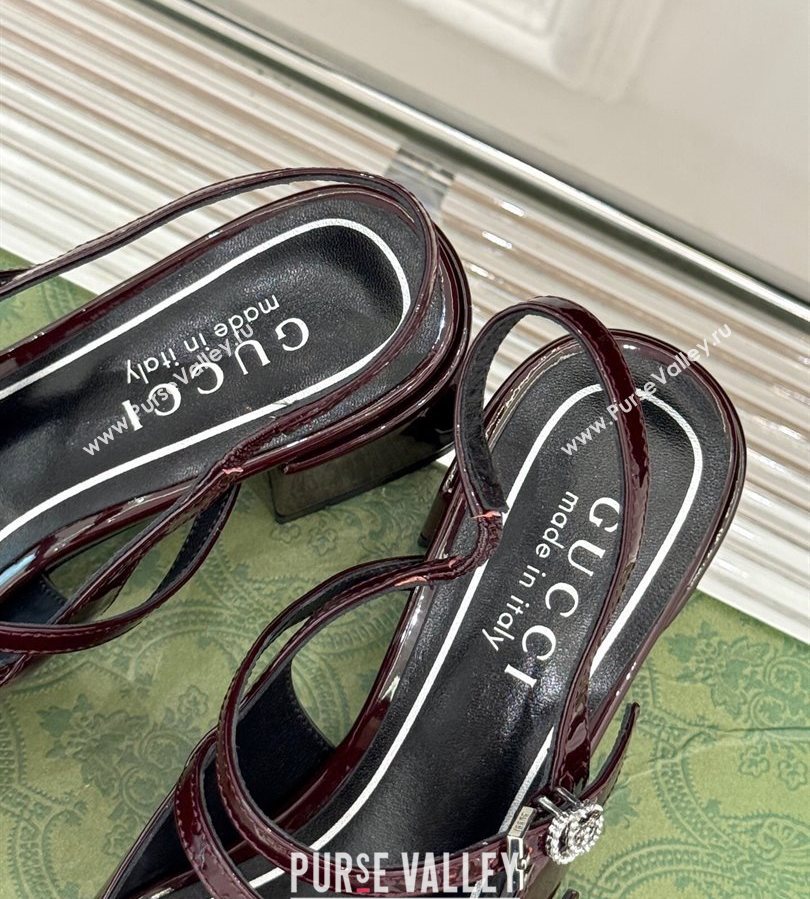 Gucci Patent Leather Slingback Pump 4.5cm with Strass GG Buckle Strap Dark Burgundy 2025 (MD-250712014)