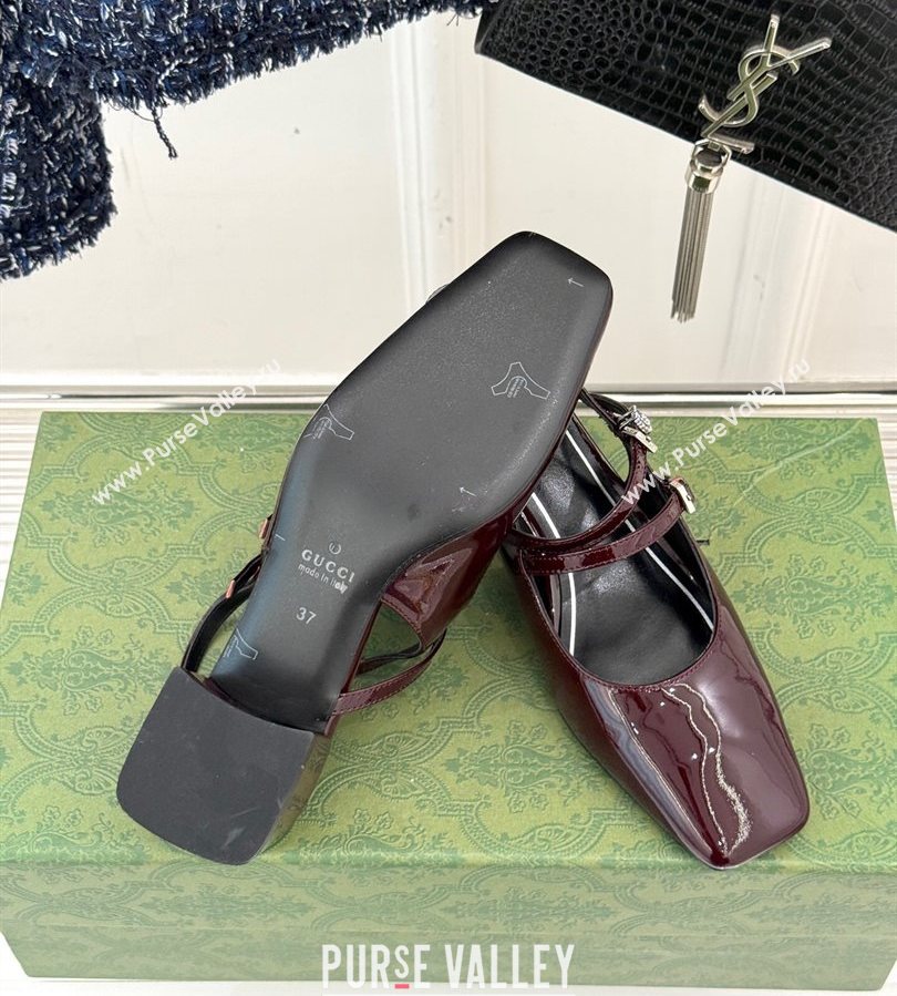 Gucci Patent Leather Slingback Pump 4.5cm with Strass GG Buckle Strap Dark Burgundy 2025 (MD-250712014)