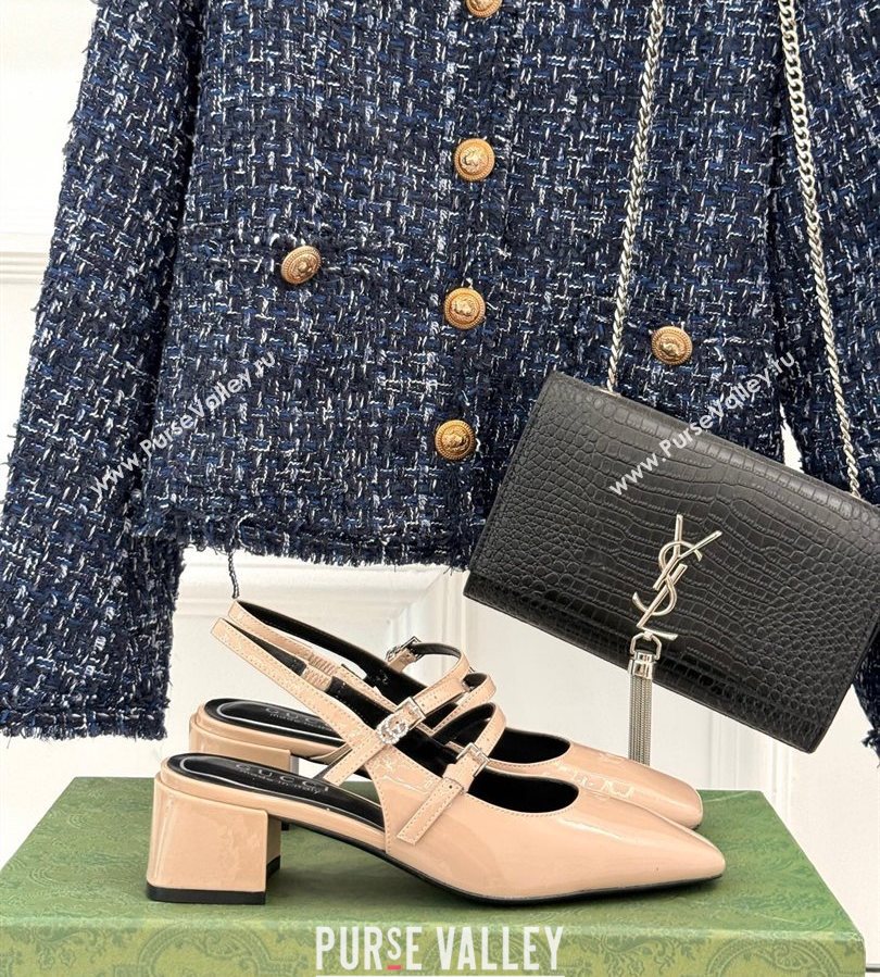 Gucci Patent Leather Slingback Pump 4.5cm with Strass GG Buckle Strap Nude 2025 (MD-250712016)