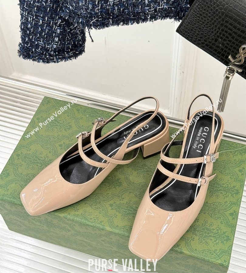Gucci Patent Leather Slingback Pump 4.5cm with Strass GG Buckle Strap Nude 2025 (MD-250712016)