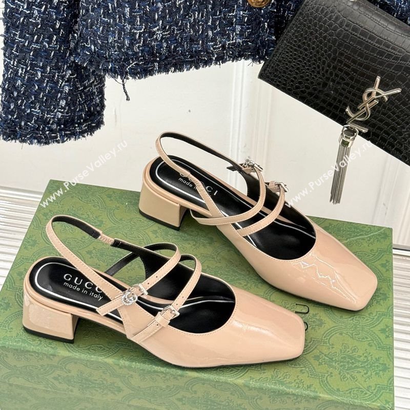 Gucci Patent Leather Slingback Pump 4.5cm with Strass GG Buckle Strap Nude 2025 (MD-250712016)