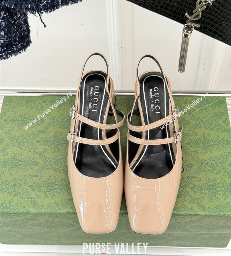 Gucci Patent Leather Slingback Pump 4.5cm with Strass GG Buckle Strap Nude 2025 (MD-250712016)