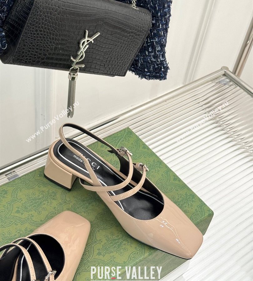 Gucci Patent Leather Slingback Pump 4.5cm with Strass GG Buckle Strap Nude 2025 (MD-250712016)