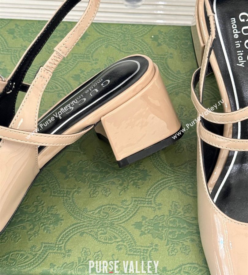 Gucci Patent Leather Slingback Pump 4.5cm with Strass GG Buckle Strap Nude 2025 (MD-250712016)