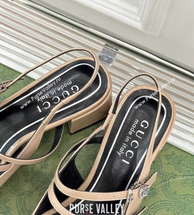 Gucci Patent Leather Slingback Pump 4.5cm with Strass GG Buckle Strap Nude 2025 (MD-250712016)