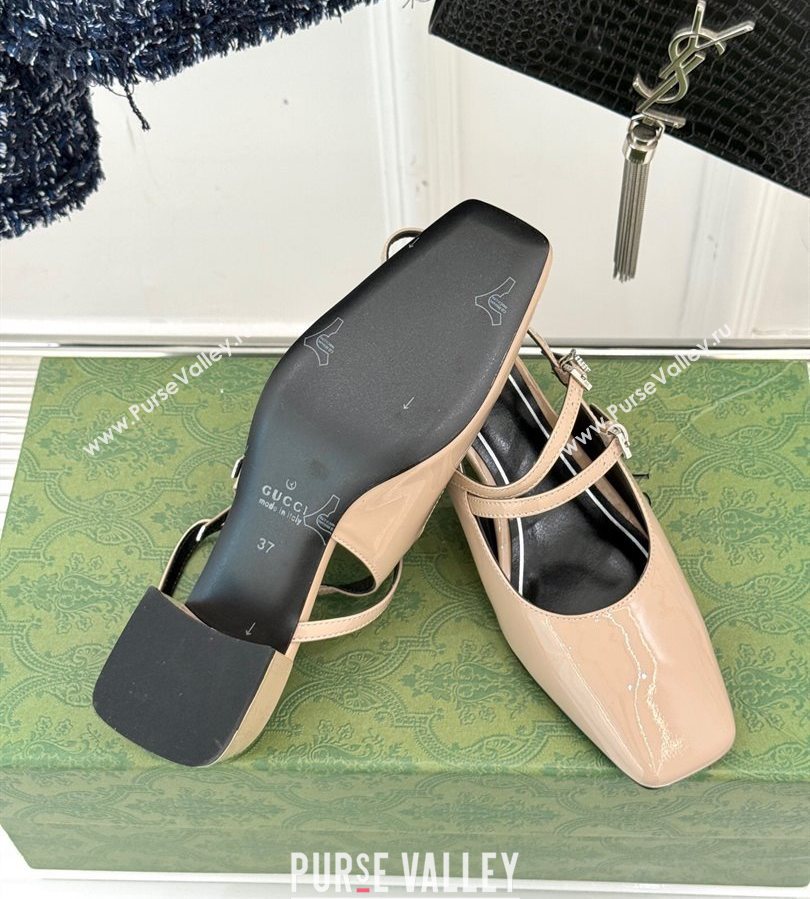 Gucci Patent Leather Slingback Pump 4.5cm with Strass GG Buckle Strap Nude 2025 (MD-250712016)