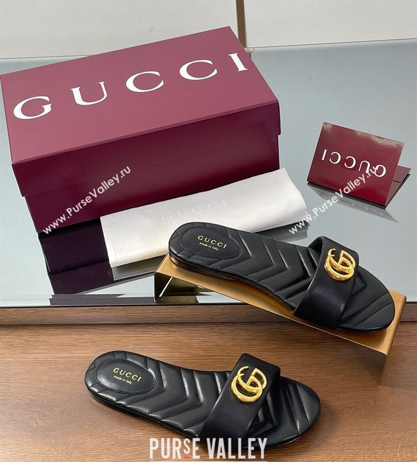 Gucci Leather Flat Slides Sandal with Double G Black 2025 832449 (SS-250712018)