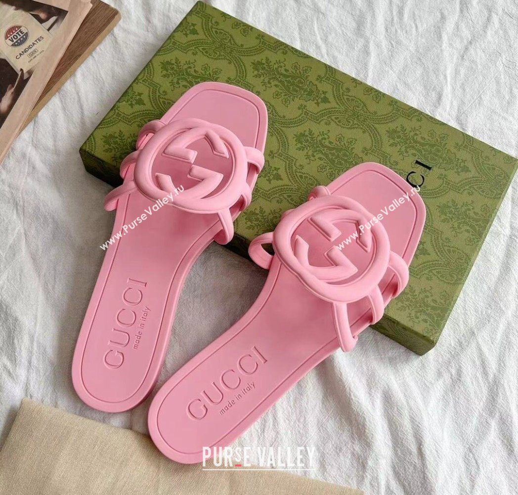 Gucci Interlocking G Flat Slides Sandal in Matte PVC Light Pink 2025 780307 (GDX-250711119)