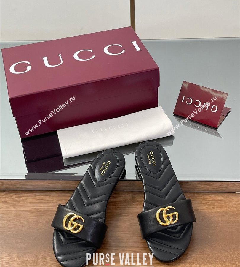 Gucci Leather Flat Slides Sandal with Double G Black 2025 832449 (SS-250712018)