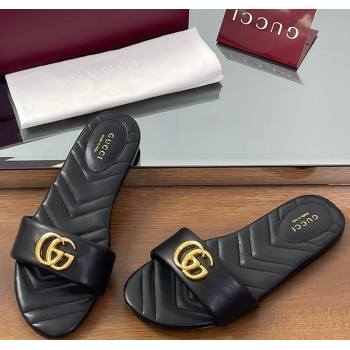 Gucci Leather Flat Slides Sandal with Double G Black 2025 832449 (SS-250712018)