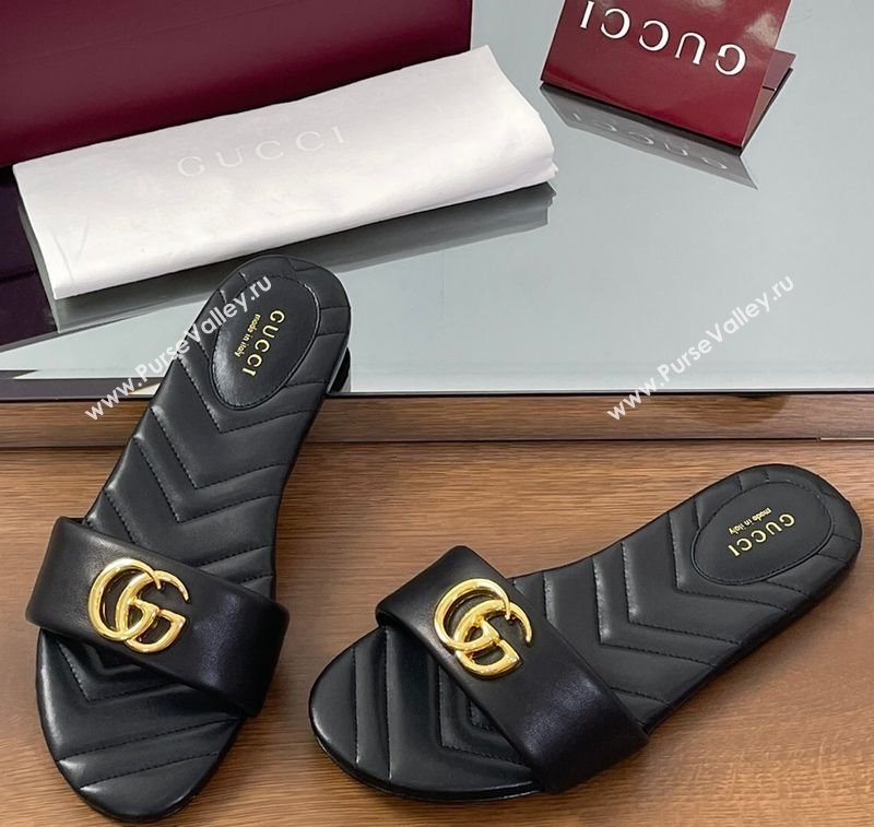 Gucci Leather Flat Slides Sandal with Double G Black 2025 832449 (SS-250712018)