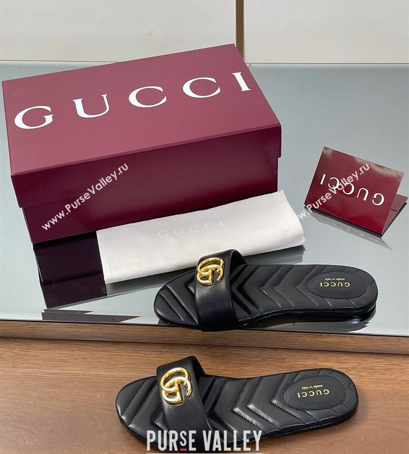 Gucci Leather Flat Slides Sandal with Double G Black 2025 832449 (SS-250712018)