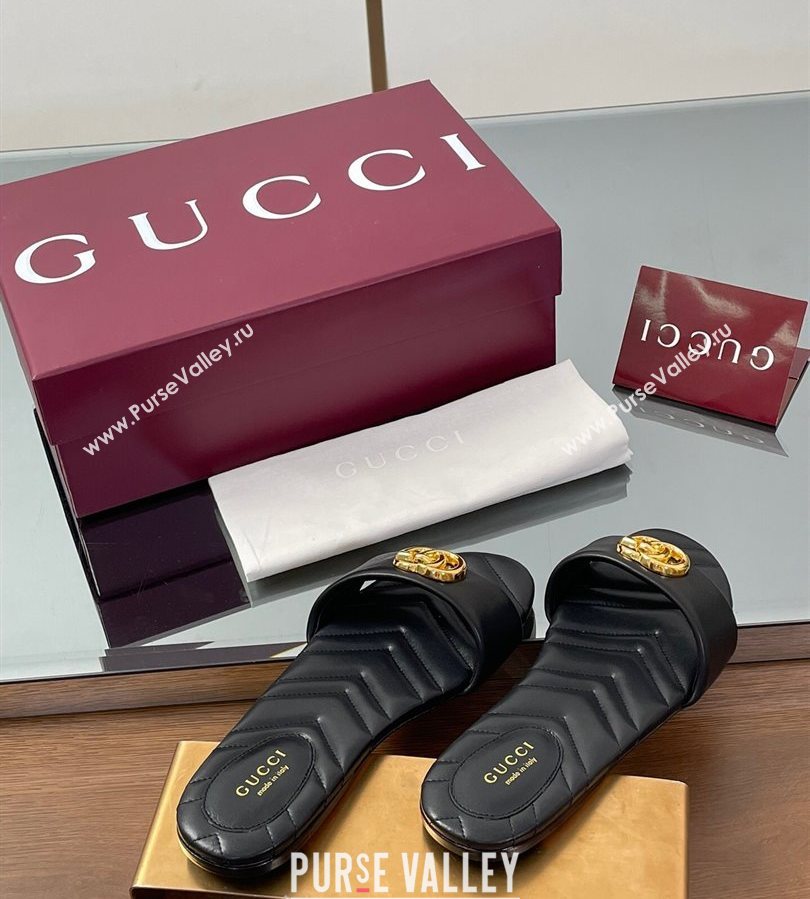 Gucci Leather Flat Slides Sandal with Double G Black 2025 832449 (SS-250712018)