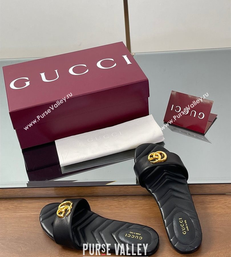 Gucci Leather Flat Slides Sandal with Double G Black 2025 832449 (SS-250712018)