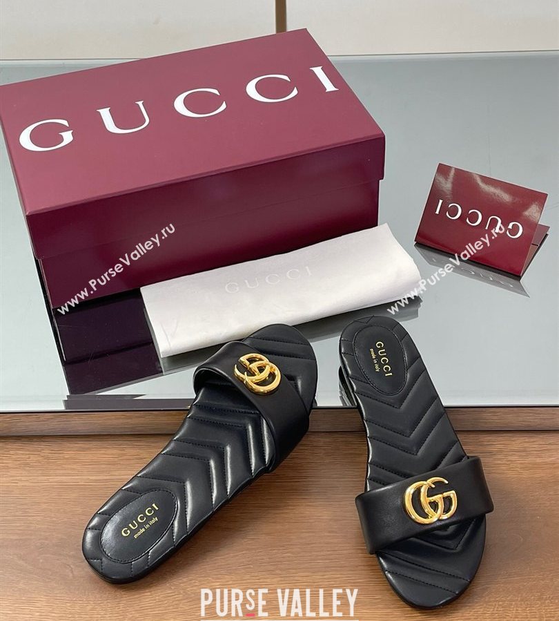 Gucci Leather Flat Slides Sandal with Double G Black 2025 832449 (SS-250712018)