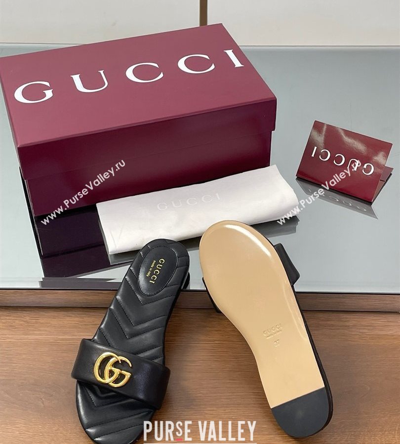 Gucci Leather Flat Slides Sandal with Double G Black 2025 832449 (SS-250712018)