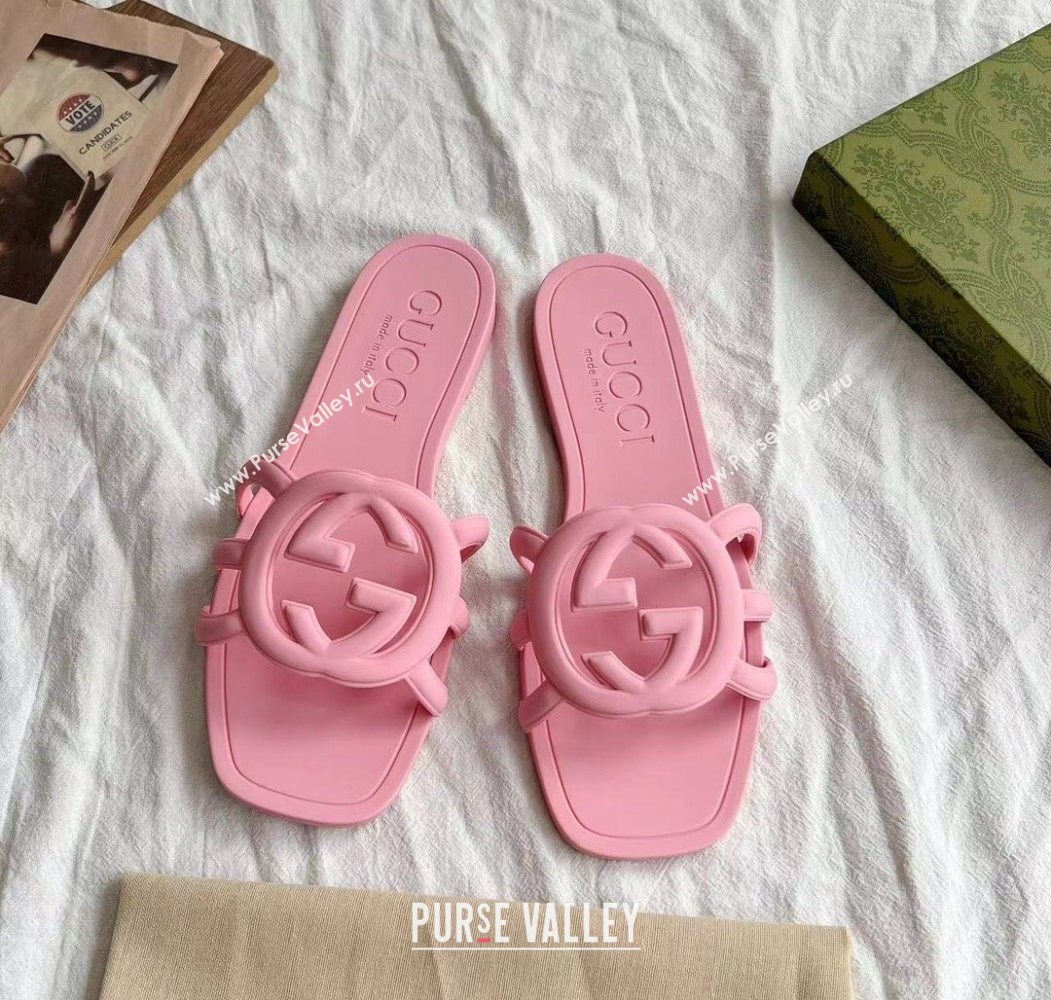 Gucci Interlocking G Flat Slides Sandal in Matte PVC Light Pink 2025 780307 (GDX-250711119)