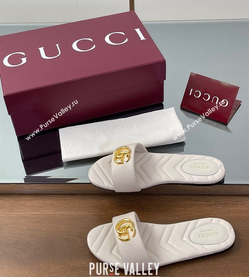 Gucci Leather Flat Slides Sandal with Double G White 2025 832449 (SS-250712019)