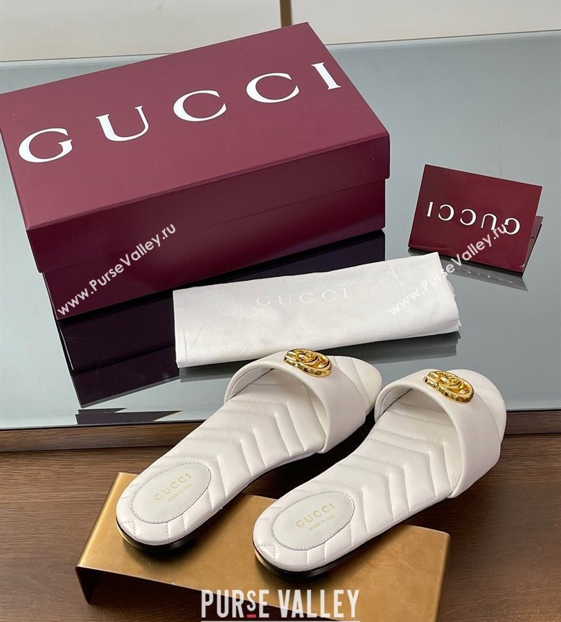 Gucci Leather Flat Slides Sandal with Double G White 2025 832449 (SS-250712019)