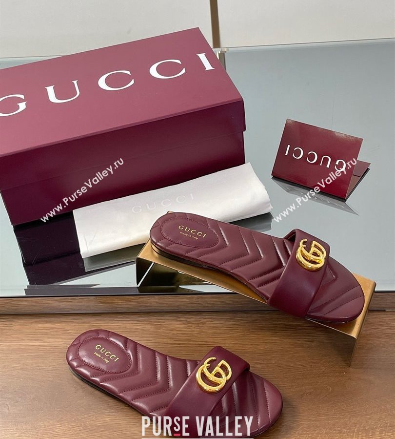 Gucci Leather Flat Slides Sandal with Double G Dark Burgundy 2025 832449 (SS-250712020)