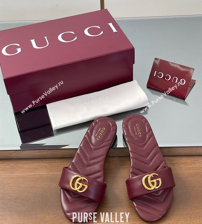 Gucci Leather Flat Slides Sandal with Double G Dark Burgundy 2025 832449 (SS-250712020)