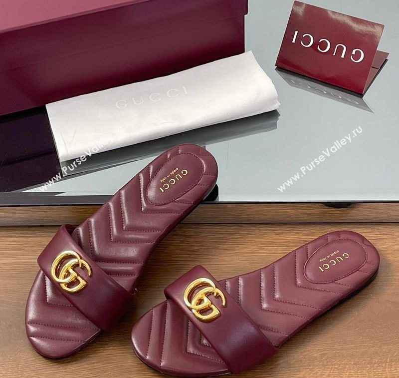 Gucci Leather Flat Slides Sandal with Double G Dark Burgundy 2025 832449 (SS-250712020)